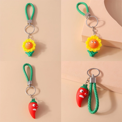3D Chili Sonnenblume Lächeln Gesicht Harz Schlüsselanhänger Mit Grünem Geflochtenem Seil PU Lederriemen Für Rucksack Anhänger