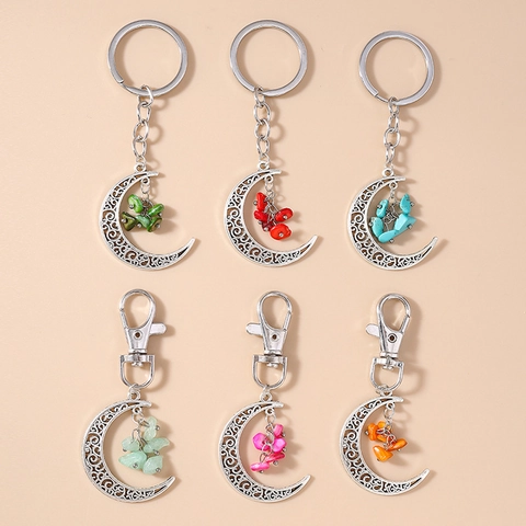 Ethnic Hollow Crescent Moon Keychain Bohemian Style Zinc Alloy Key Ring With Colorful Stone Beads Pendant For Women Bag Accessories