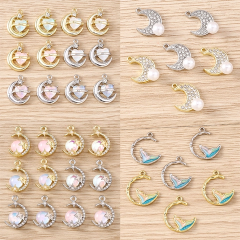 Barok Zinklegering Simulatie Edelsteen Maan Hart Meerminstaart Charmes DIY Strass Kunstparel Hangers Voor Sieraden Maken Sleutelhanger Accessoire