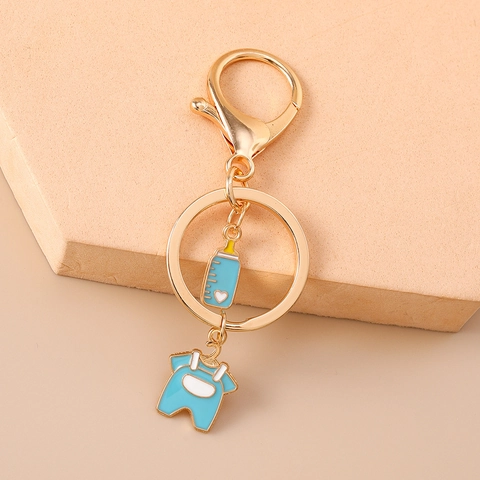 Portachiavi Creativo in Metallo a Tema Neonato Ciondolo Biberon e Tutina Cartone Animato Galvanizzato Oro Smalto Regalo Donna