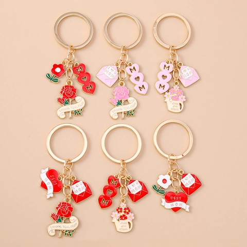 Regalo Festa della Mamma Portachiavi MOM in Smalto Cuore Lega di Zinco Rosa Busta Ciondolo Fiore Annaffiatoio Anello per Donna
