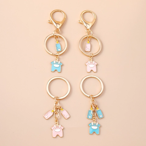 Portachiavi Creativo in Metallo a Tema Neonato Ciondolo Biberon e Tutina Cartone Animato Galvanizzato Oro Smalto Regalo Donna
