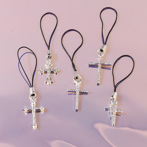 Gothic Punk Cross Phone Charms For Women Silver Zinc Alloy Rhinestone Inlaid Religious Cross Pendant Phone Case DIY Decor