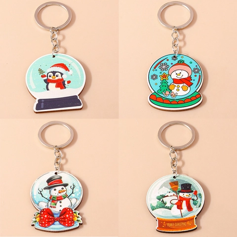 Weihnachten Schneemann Pinguin Holz Schlüsselanhänger Schneekugel Design Metall Schlüsselring Tasche Anhänger Festliche Dekoration Geschenk