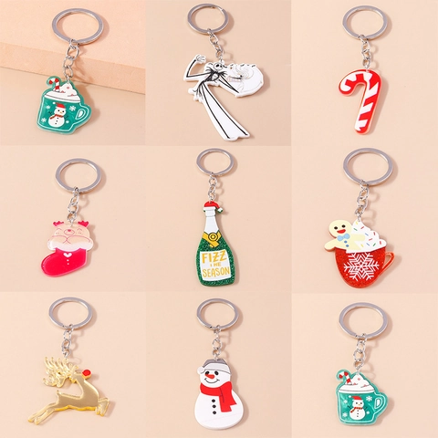 Creative Acrylic Christmas Keychain Snowman Reindeer Gingerbread Man Candy Cane Champagne Bottle Backpack Hanging Charm Gift