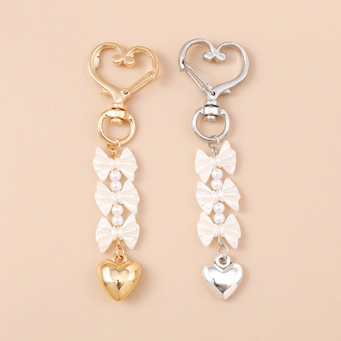 Ins Style Sweet Bow Heart Keychain With Imitation Artificial Pearl Zinc Alloy Heart Pendant Bag Charm For Women Girls Accessory