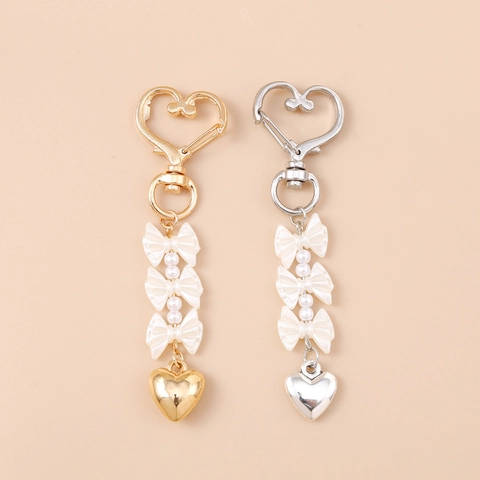 Ins Style Sweet Bow Heart Keychain With Imitation Artificial Pearl Zinc Alloy Heart Pendant Bag Charm For Women Girls Accessory
