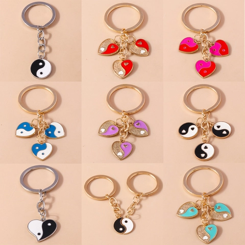 Chinese Style Tai Chi Yin Yang Keychain Metal Alloy Enamel Heart Flower Key Ring Pendant For Couples Friends Daily Bag Jewelry Accessory