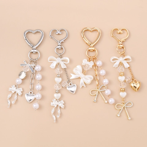 Fashion Heart Shape Alloy Keychain With Artificial Pearl Bow Knot Rhinestone Key Ring Pendant For Women Bag Accessories