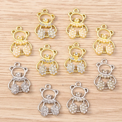 Colgante de Oso de Aleación con Perla Artificial y Strass para Joyería DIY Amuletos de Animales para Collar Pulsera Llavero
