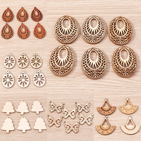 Natural Wooden Butterfly Flower Tree Fan Teardrop Pendants DIY Handmade Earring Necklace Jewelry Making Accessories Charms
