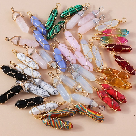 Handmade Wire Wrapped Hexagonal Pillar Pendant Resin Stone Look Charm For Necklace Bracelet DIY Jewelry Making Accessory