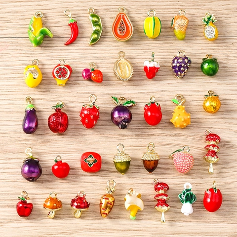 DIY Jewelry Making Alloy Enamel Simulation Fruit Vegetable Pendants Strawberry Pineapple Carrot Charms For Bracelet Keychain