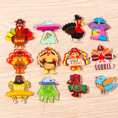 Cartoon Acrylic Thanksgiving Turkey Pendants Alien UFO Spaceship Pizza Charms For DIY Necklace Bracelet Keychain Jewelry Making Accessory