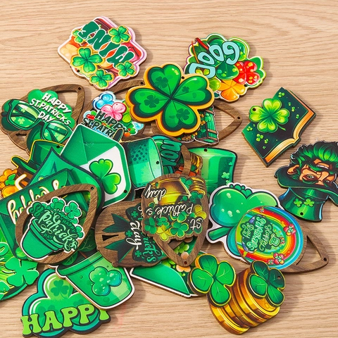 Wooden St Patrick's Day Pendants Green Shamrock Clover DIY Jewelry Charms For Necklace Bracelet Craft Festive Party Decoration