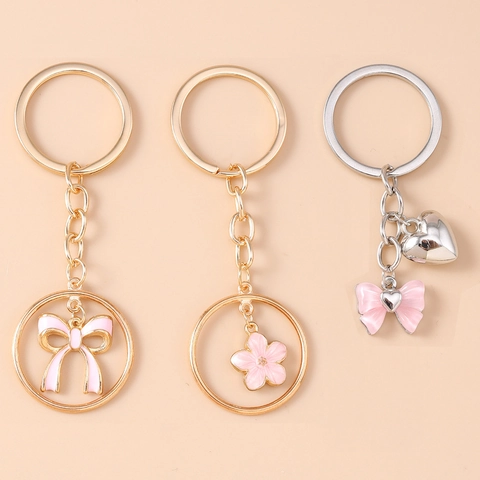 Zinklegierung Emaille Kirschblüte Schleife Herz Schlüsselanhänger Damen Mode Metall Tasche Anhänger Deko Schmuck Schlüsselring