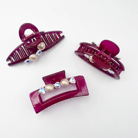 Mode Dunkelrot Harz Haarklammer Für Damen Elegant Künstliche Perle Strass Geometrische Haifisch-Clip Haarschmuck