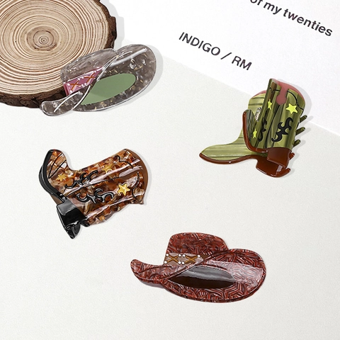 Pinces à Cheveux Rétro en Acétate Forme Chapeau et Bottes de Cow-boy Motif Marbré Faites à la Main Grosses Pinces Requin pour Femmes