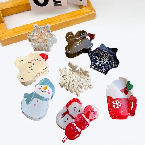 Pinzas para el Cabello de Acetato de Navidad Copo de Nieve Muñeco de Nieve Hombre de Jengibre Taza de Café Strass Accesorios para el Cabello Mujeres