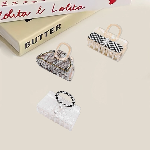 Pinza de Pelo de Acetato con Forma de Bolso a Cuadros con Perlas Artificiales Diamantes de Imitación Mini Pinza Elegante para Mujer
