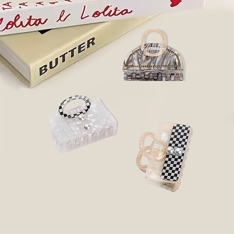 Pinza de Pelo de Acetato con Forma de Bolso a Cuadros con Perlas Artificiales Diamantes de Imitación Mini Pinza Elegante para Mujer