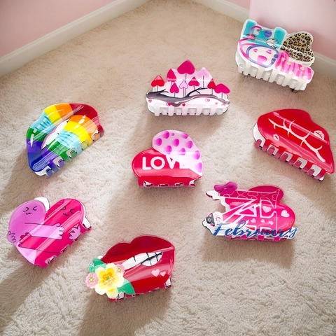 Acrylic Red Lips Valentine's Day Heart Hair Claw Clips For Women Rainbow Romantic LOVE Pattern Fashion Hair Accessories
