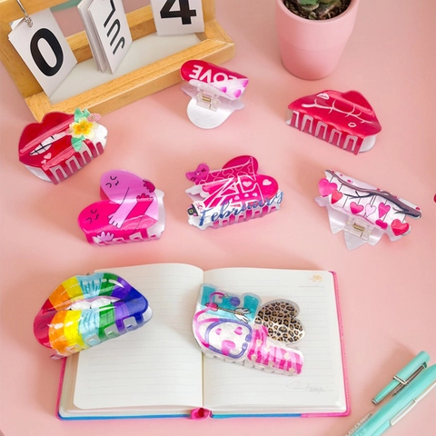 Valentine's Day Heart Red Lips Acrylic Hair Claw Clip Fun LOVE February Pattern Handmade Hair Accessories For Women Dating Fashion