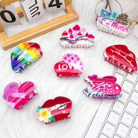 Acrylic Red Lips Valentine's Day Heart Hair Claw Clips For Women Rainbow Romantic LOVE Pattern Fashion Hair Accessories