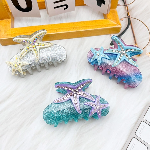 Acrylic Starfish Rhinestone Hair Claw Clip Ocean Theme Glitter Hair Clamp Sparkly Beach Hair Accessory For Women Summer Styling