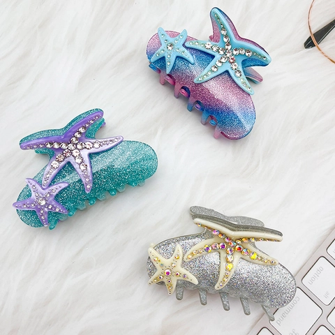 Acrylic Starfish Rhinestone Hair Claw Clip Ocean Theme Glitter Hair Clamp Sparkly Beach Hair Accessory For Women Summer Styling