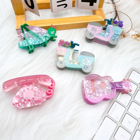 Süße Cartoon Gitarre Telefon Roller Geformte Haarklammern Kreative Acryl Acetat Marmor Textur Haarnadeln Für Damen Musik Party Haarschmuck