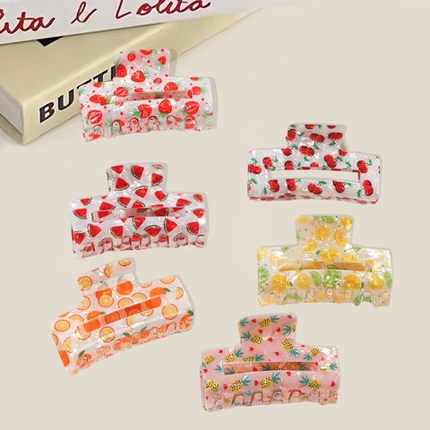 Handmade PVC Fruit Print Hair Claw Clip Strawberry Watermelon Pineapple Lemon Pattern Large Hair Accessory For Women