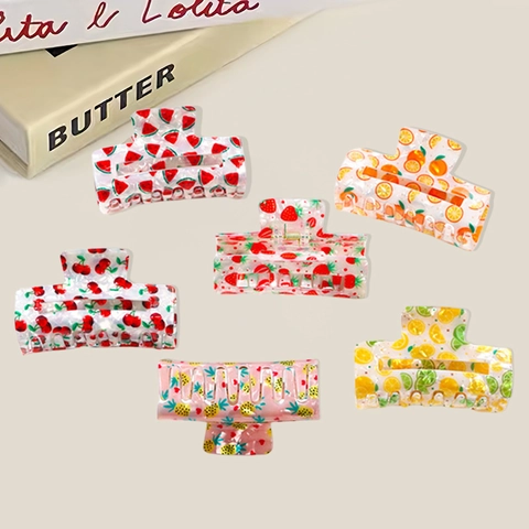 Handmade PVC Fruit Print Hair Claw Clip Strawberry Watermelon Pineapple Lemon Pattern Large Hair Accessory For Women