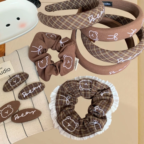 Sweet Korean Style Brown Checkered Bear Embroidery Hair Accessories Set Handmade Cloth Headband Scrunchie BB Hair Clip