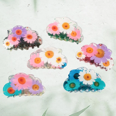 PVC Daisy Flower Hair Claw Clips For Women Girls Sweet Floral Print Cloud Edge Hair Styling Accessories Large Hair Grips