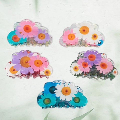 PVC Daisy Flower Hair Claw Clips For Women Girls Sweet Floral Print Cloud Edge Hair Styling Accessories Large Hair Grips