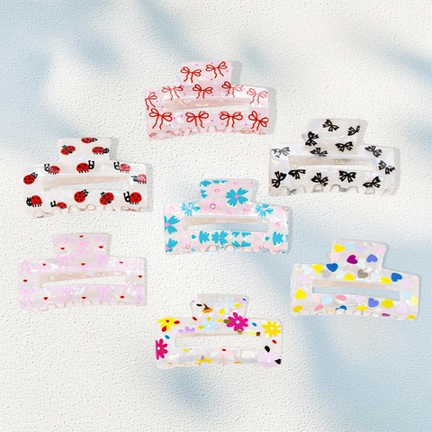 Korean Style PVC Hair Claw Clip Sweet Bow-knot Floral Heart Print Large Shark Clip Fashion Hair Accessories For Women Daily Decoration