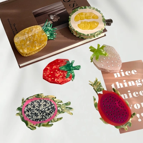 Haarklem Van Acetaat In Fruitvorm Aardbei Ananas Drakenvrucht Marmeren Textuur Haaraccessoire Voor Dames