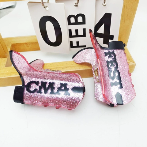 Pinza per Capelli a Forma di Stivale da Cowboy Rosa Glitter Stile Western in Acrilico per Donna Moda Festa Copricapo Quotidiano