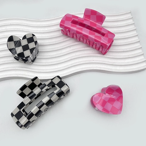 Korean Checkerboard Acrylic Hair Claw Clip For Women Vintage Minimalist Heart Square Shark Clip Hair Accessories Jewelry