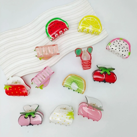 Cute Fruit Print Acrylic Hair Claw Clips Strawberry Cherry Watermelon Lemon Kiwi Dragon Fruit Hair Clamps For Women