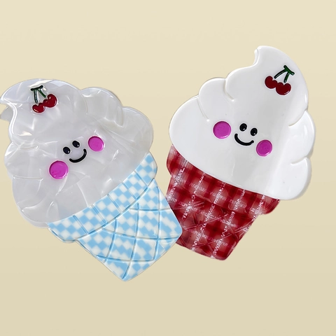 Pinza De Pelo De Acetato De Helado Dulce De Verano Para Mujer Patrón De Cuadros Cereza Sonrisa Pinza De Pelo Accesorios