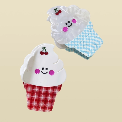 Pinza De Pelo De Acetato De Helado Dulce De Verano Para Mujer Patrón De Cuadros Cereza Sonrisa Pinza De Pelo Accesorios
