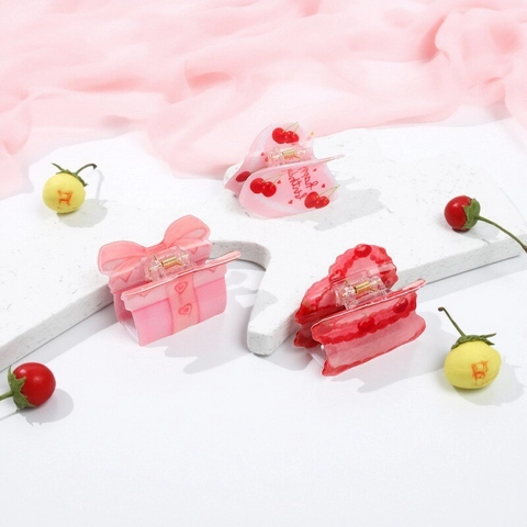 Sweet Pink Cherry Cake Heart Shape Hair Claw Clip For Women PVC Handmade Cute Shark Clip Birthday Gift Accessory
