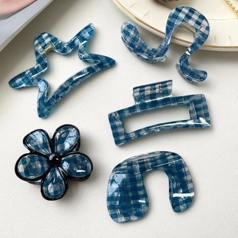 Pinza per Capelli in Resina a Quadri Blu e Bianchi Vintage per Donna Accessori per Capelli Geometrici a Forma di Fiore