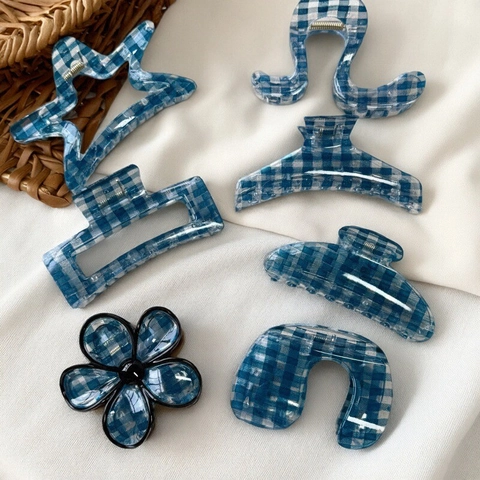 Pinza per Capelli in Resina a Quadri Blu e Bianchi Vintage per Donna Accessori per Capelli Geometrici a Forma di Fiore