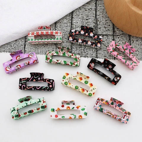 Molle per Capelli Rettangolari a Tema Natalizio Babbo Natale Renna Fiocco di Neve Stampa PVC Shark Clip Donna Accessori Capelli Natale