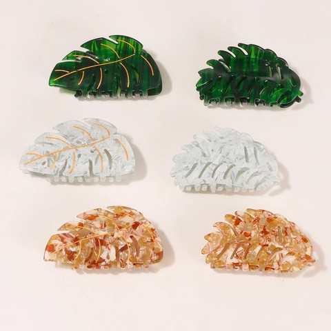 Pinza per Capelli in PVC a Foglia di Monstera Con Linee Dorate Vintage Tropicale Grande Clip per Donne Accessori Quotidiani