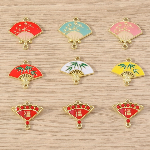 Pendentifs en Forme de Éventail en Alliage de Zinc Émaillé de Style Chinois Avec Motif de Bambou Et Fleur de Prunier Strass pour Bijoux DIY