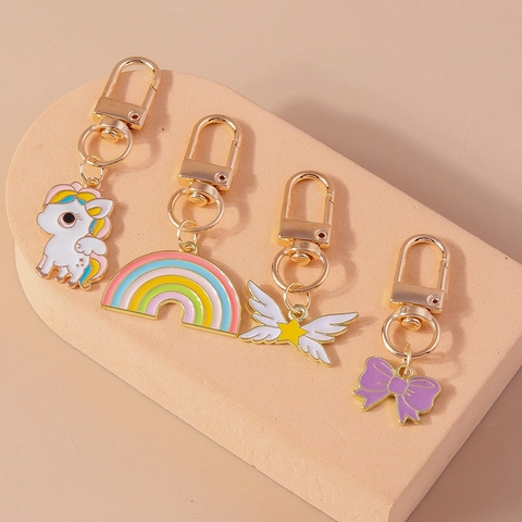 Cute Cartoon Enamel Unicorn Rainbow Bow Star Wing Keychain Zinc Alloy Gold Drip Oil Bag Charm Pendant For Women Girls Gift